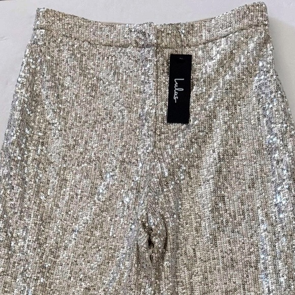 Lulus Sparkly Session Beige Sequin High Rise Wide-LegTrouser Pants, Size M, NWT - Picture 8 of 16